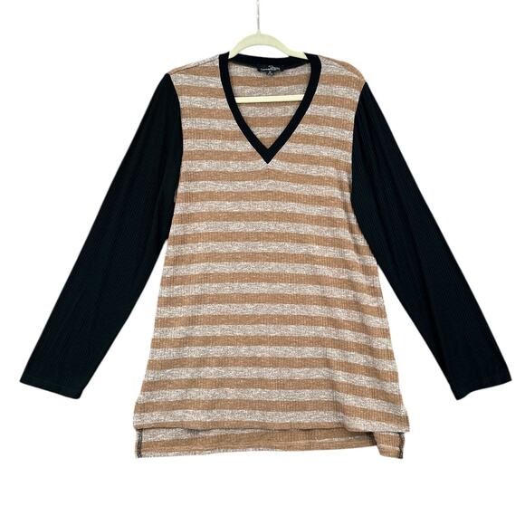 Suzanne Betro Brown Black‎ Striped Long Sleeve V Neck Colorblock Tunic Top XL - Picture 1 of 6